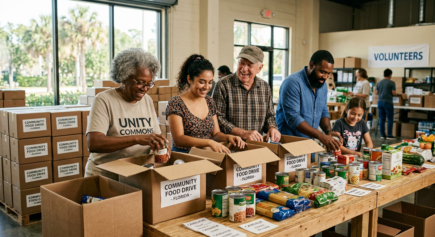Volunteers of different ages packing food boxes together at a community center