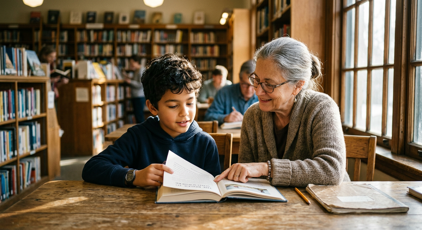 A mentor reading a book together with a young student at a library table